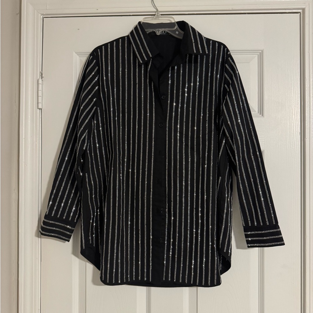 Black and Silver Striped Button-Up Shirt Dress - Picture 4 of 6